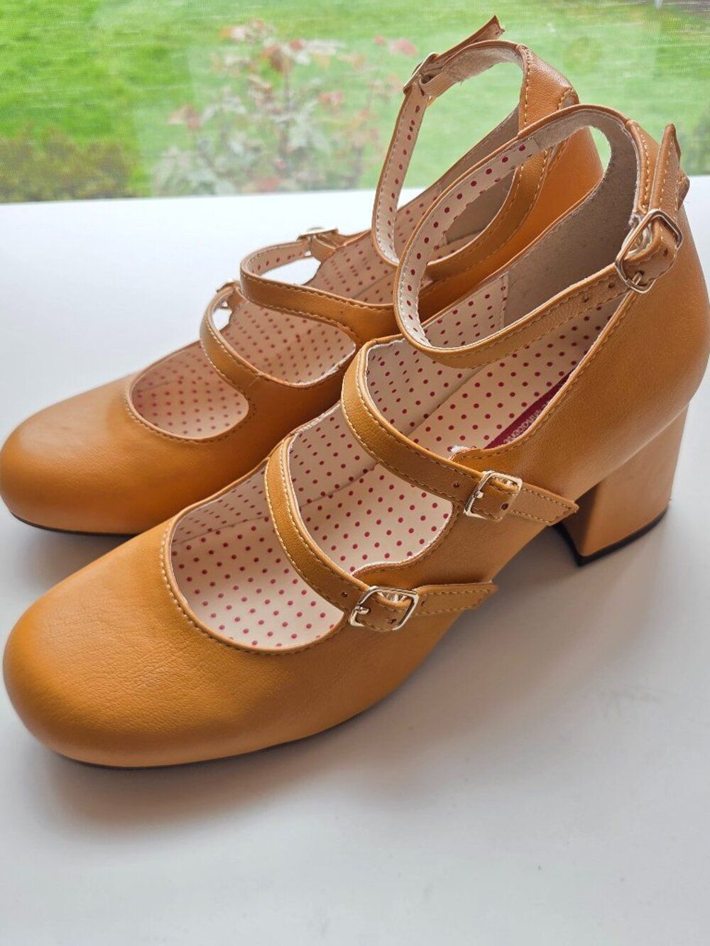 BAIT But Another Innocent Tale Retro Yellow Pumps Sz 9 Strap Buckle Pin Up Heels